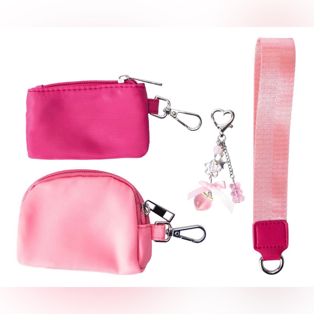 Double Purse Wristlet Keychain with Gummy Bear, Peach, Silver Heart, Bag Charm - Picture 4 of 12
